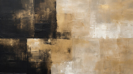 An up-close view of an abstract dark gold and black art texture, highlighting oil and acrylic brushstrokes, palette knife work, and geometric spatula techniques on canvas.Background
