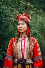 portrait of a beautiful young woman in traditional clothing standing outdoors