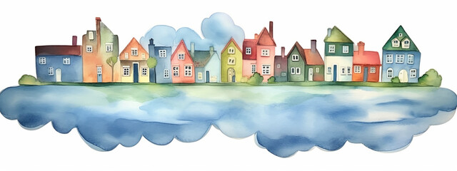 watercolor colorful houses reflected in the lake with clouds landscape panorama.