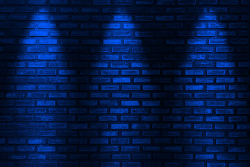 Three blue neon bulbs on a black brick wall empty black wall   with glow style blue neon light. background texture
