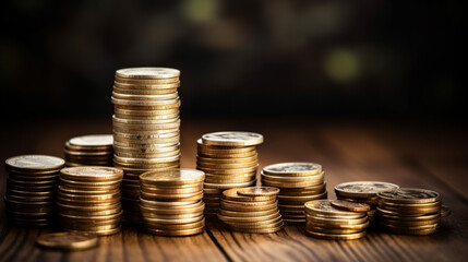 A pile of coins sitting on top of a wooden table,  Generative AI