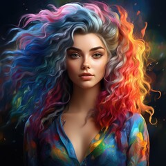 Portrait of a beautiful girl with a bright hairstyle and rainbow multi-colored colorful hair