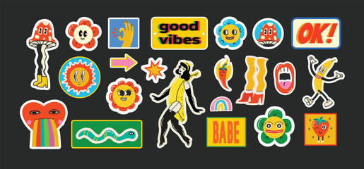 Groovy hippie love stickers set. Comic happy retro girls, geometric stickers, characters in trendy retro 60s 70s cartoon style. Vintage vector illustrations.