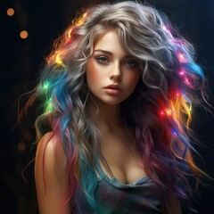 Portrait of a beautiful girl with a bright hairstyle and rainbow multi-colored colorful hair