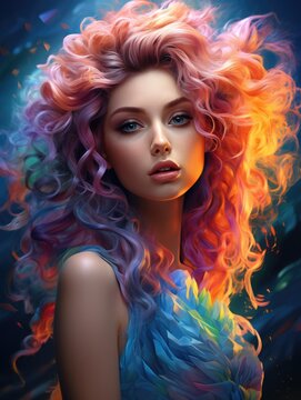 Portrait of a beautiful girl with a bright hairstyle and rainbow multi-colored colorful hair