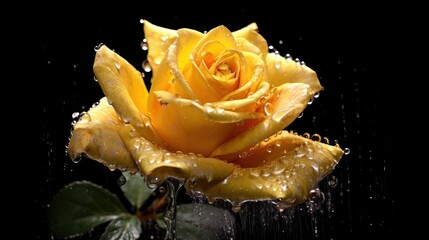 Yellow rose with water drops on a black background. Close-up. Mother's day concept with a space for...