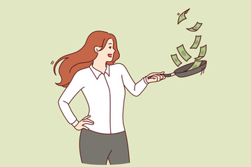 Business woman with money in frying pan, owns restaurant or cafe and earns from catering industry. Confident girl with cash earns income from investment in restaurant or horeca company