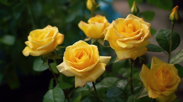 Yellow roses in the garden, shallow depth of field, selective focus. Mother's day concept with a space for a text. Valentine day concept with a copy space.
