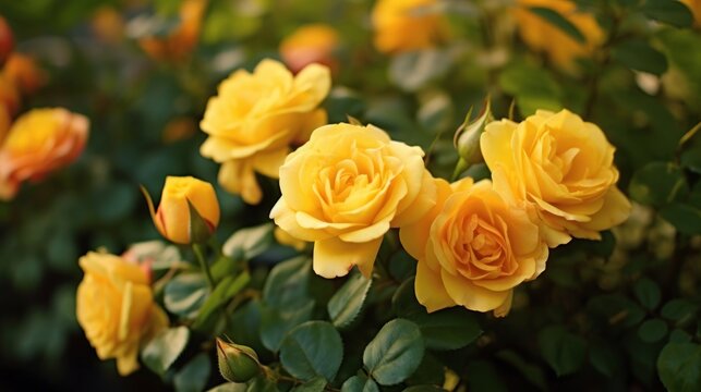 Beautiful yellow roses in garden, closeup. Floral background. Mother's day concept with a space for a text. Valentine day concept with a copy space.
