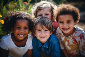A heartwarming portrait capturing a group of diverse, cheerful, and happy children of various ethnic backgrounds enjoying outdoor activities together.