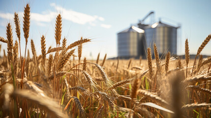 A close-up view of a lush wheat field with three silos in the blurred background, capturing the essence of agricultural landscapes.