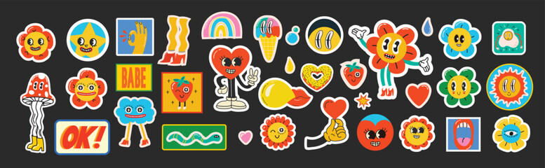 Groovy hippie love stickers set. Comic happy retro flowers, geometric stickers, characters in trendy retro 60s 70s cartoon style. Vintage vector illustrations. - obrazy, fototapety, plakaty