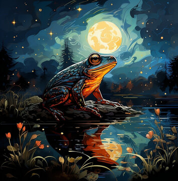 Anime Frog In The Night Bright Moon At A Lake