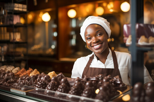 Happy chocolatier in chef hat standing near tasty chocolate candies. Young woman in chef uniform in the chocolate shop. Professional pastry chef, chocolatier, baker or cook.