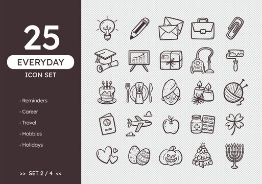 Everyday icon set. Hand-drawn daily life icons, perfect for calendars and daily planners. Doodle style. Appointments, hobbies, holidays, work, and travel. 25 icons. Set 2 of 4.