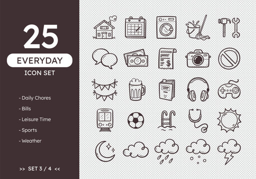 Everyday icon set. Hand-drawn daily life icons, perfect for calendars and daily planners. Doodle style. Daily chores, bills, hobbies, weather forecast... 25 icons. Set 3 of 4.
