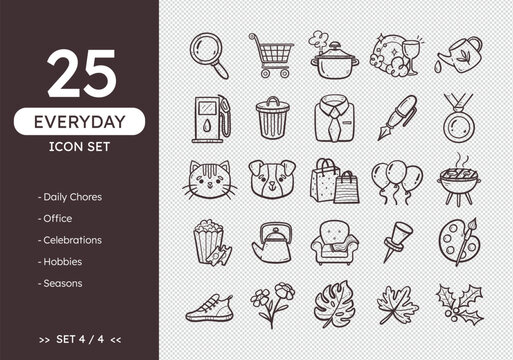 Everyday icon set. Hand-drawn daily life icons, perfect for calendars and daily planners. Doodle style. Daily chores, pets, parties, seasons, and celebrations. 25 icons. Set 4 of 4.