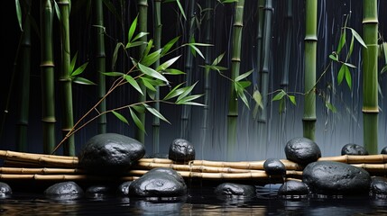 A black stone in the river with green bamboo, generated by AI