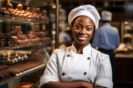 Happy chocolatier in chef hat standing with crossed arms near tasty chocolate candies. Young woman in chef uniform in the kitchen. Professional pastry chef, chocolatier, baker or cook.