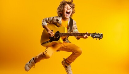 Exciting boy playing on a guitar on yellow background 