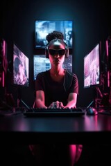 computer screen, vr glasses and black woman in cyber space for gaming, streaming or digital media
