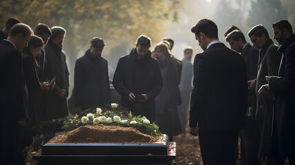 Death, funeral and coffin with family mourning, sad and depressed for grieving time. Grief together, mental health and people in black suits giving their last goodbyes at the cemetery - obrazy, fototapety, plakaty