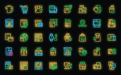 Returning goods to the shop icons set outline vector. Product refund. Policy customer neon color on black