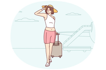 Happy woman with suitcase in airport ready for summer vacation. Smiling girl in hat with baggage excited about summertime holidays. Vector illustration.