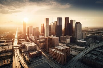 Houston United States centrum city in sunset 