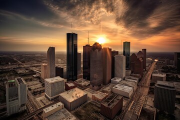 Houston United States centrum city in sunset  - obrazy, fototapety, plakaty