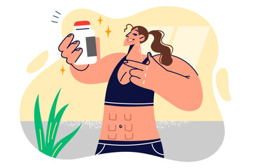 Woman fitness trainer holds jar of protein or sports nutrition and recommends visiting bar in gym