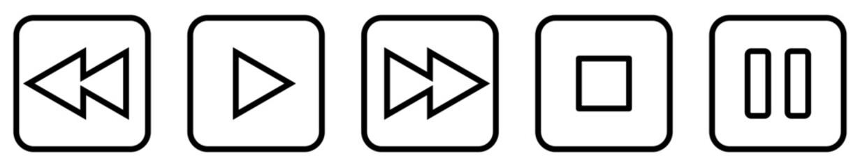 Play, Pause, Stop Reverse and Forward User Interface Icons. Black and White line art style, editable  file on transparent background vector stock illustration.