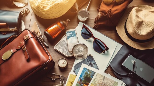 Overhead view of Traveler's accessories, Fundamental vacation essentials, representing the concept of travel