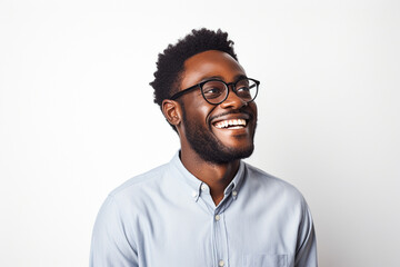 A beaming Black man with glasses, photographed against a simple white background. - obrazy, fototapety, plakaty