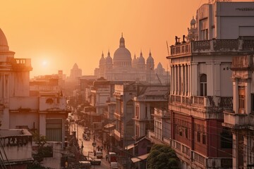 Naklejka premium Kolkata India centrum city in sunset 
