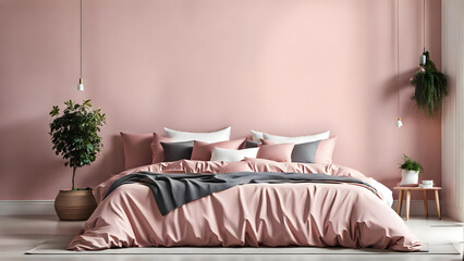 ピンク色の壁の寝室にある大きなベッド