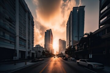 Miami United States centrum city in sunset