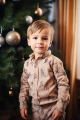 portrait of a cute little boy standing in front of a christmas tree