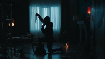 A thief in a black balaclava commits a burglary, stealing valuables. Criminal in a dark apartment with a flashlight. Crime, robbery, property security concept.