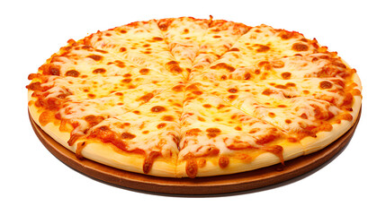 Cheese pizza pie on a wooden plate 3d render isolated on a white background. Generative AI