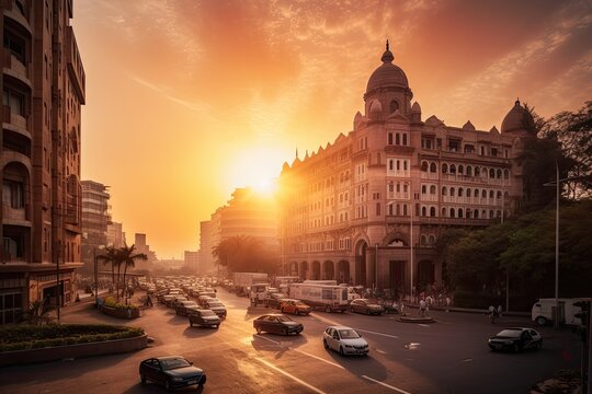  Mumbai India centrum city in sunset