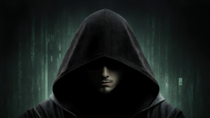Hacker in hoodie. Banner, Background, Wallpaper. 