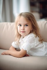 Naklejka premium shot of an adorable little girl sitting on the sofa at home
