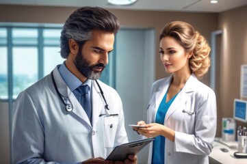 Endocrinologist conducts the patient reception in the hospital. adult neat beautiful woman with big hairs take consult from medical specialist. Healthcare and wellness concept.