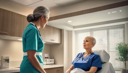 Orthopedist conducts the patient reception in the hospital. elder short woman with bald hairs take consult from medical specialist. Healthcare and wellness concept.