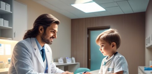 Allergist conducts the patient reception in the hospital. baby short boy with long hairs take consult from medical specialist. Healthcare and wellness concept.