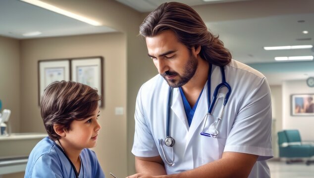 Pulmonologist Conducts The Patient Reception In The Hospital. Child Overweight Man With Long Hairs Take Consult From Medical Specialist. Healthcare And Wellness Concept.