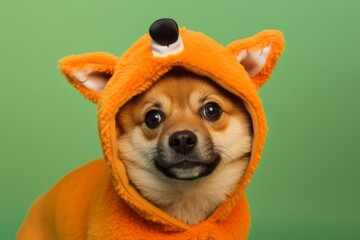 Close-up portrait photography of a cute finnish spitz wearing a dinosaur costume against a...