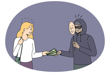Woman giving money to male scammer in mask. Female pass cash to criminal. Scam and fraud concept. Vector illustration.