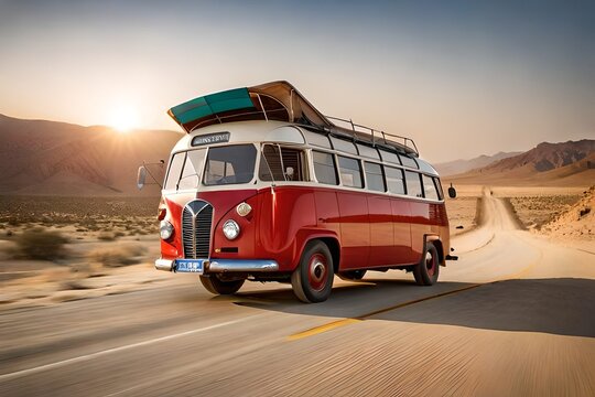 Generate images of old 1960 model Bedford bus with passanger on the roof travelling through the desert of Thal Doab Punjab Pakistan under bright sun light conditions 4k, 8k, 16k, full ultra hd, high r